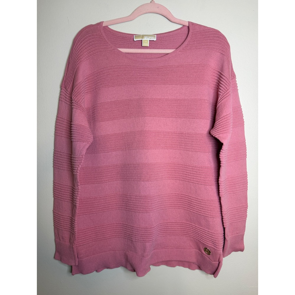 Michael Kors Womens L Pink Textured Knit Sweater Scallop Hem Gold Logo